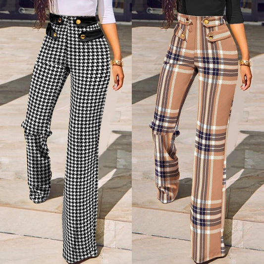 Womens Mid Waist Plaid Tight Fitting Cut Out Sports Trousers