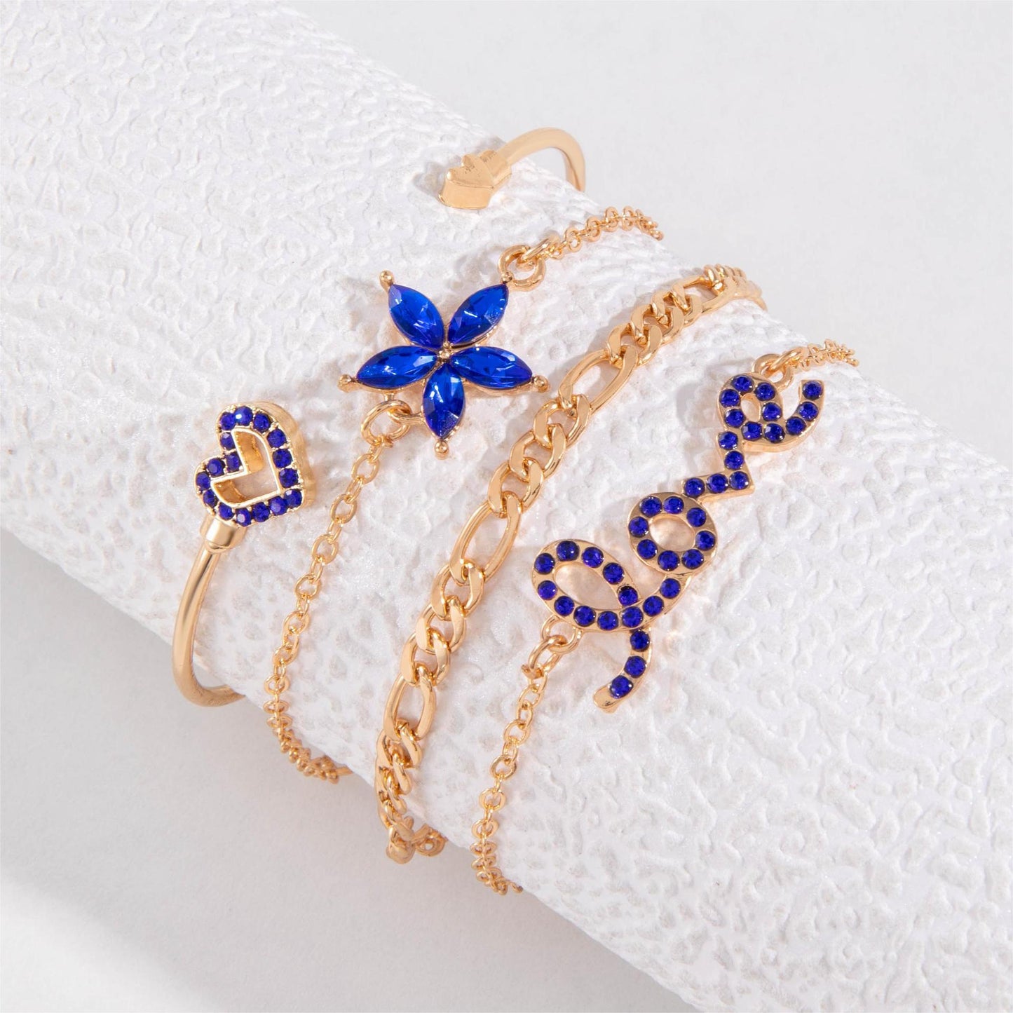 4pcs Blue Flower Love Butterfly Bracelet Set With Rhinestones Design