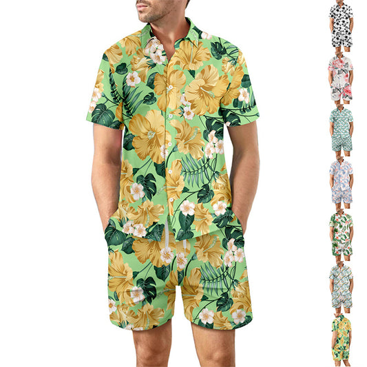 2Pcs Beach Print Casual Short Sleeve Suits For Men Clothing
