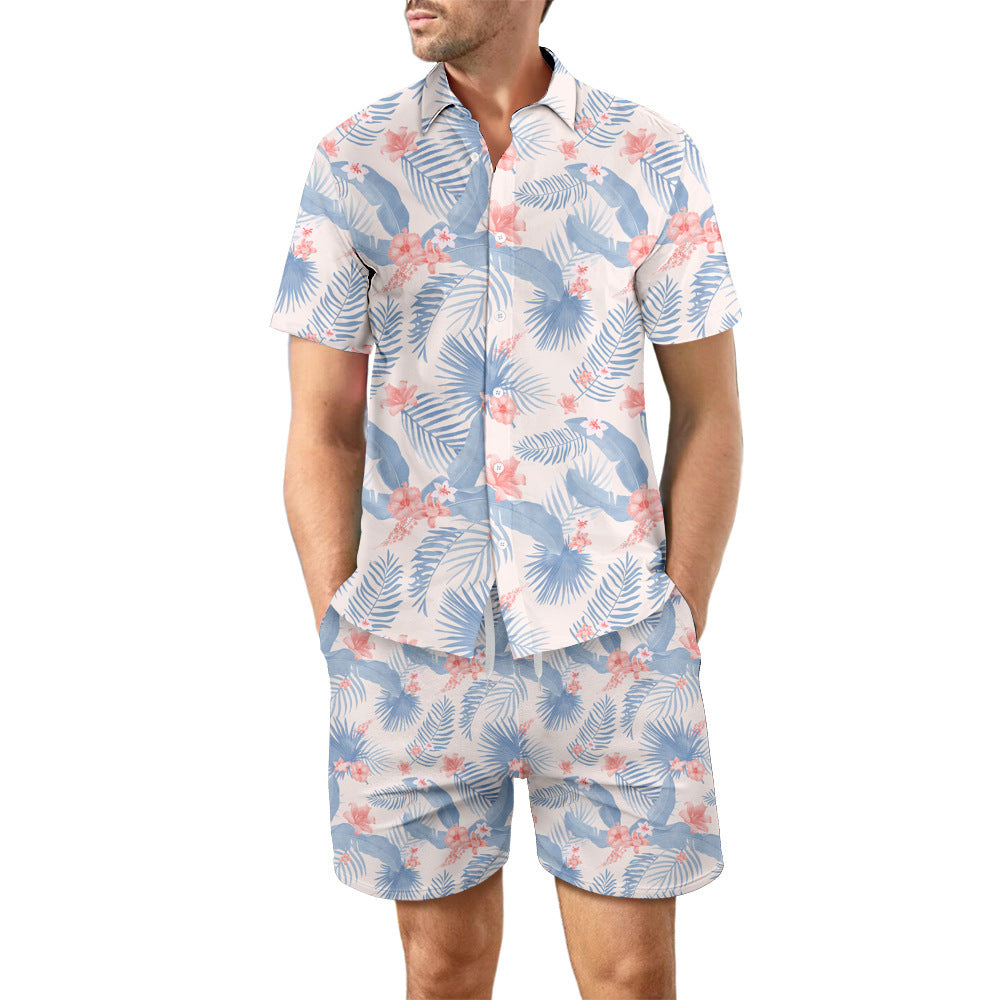 2Pcs Beach Print Casual Short Sleeve Suits For Men Clothing